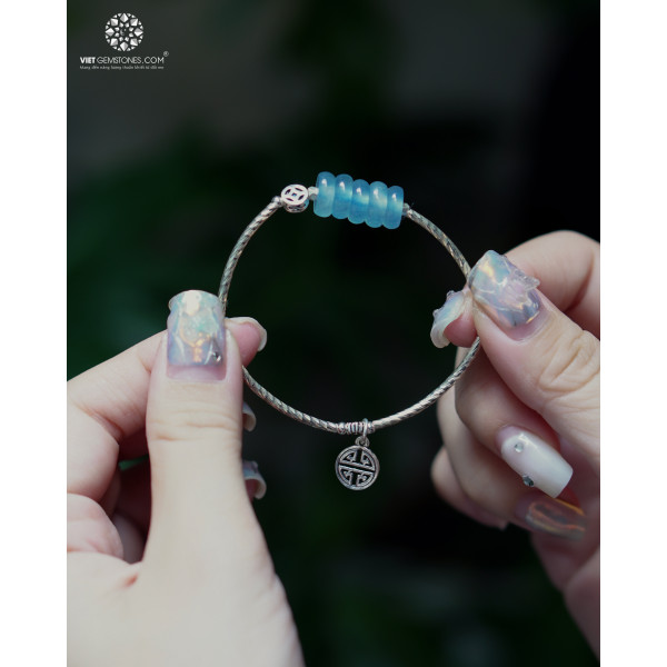 Lắc Tay Ngũ Điếu Aquamarine (Hải Lam Ngọc) Charm Bạc